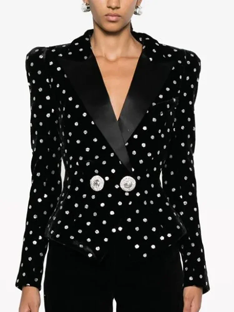 

HIGH STREET Newest 2024 Fashion Designer Jacket Women's Shimmer Polka Dot Velvet Blazer