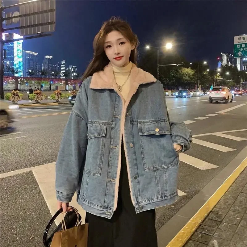 2023 New AutumnWinter Double Wear Rabbit Fur Plush Denim Cotton Coat Women's Thickened Warm Mid length Cotton Coat Cotton Coat