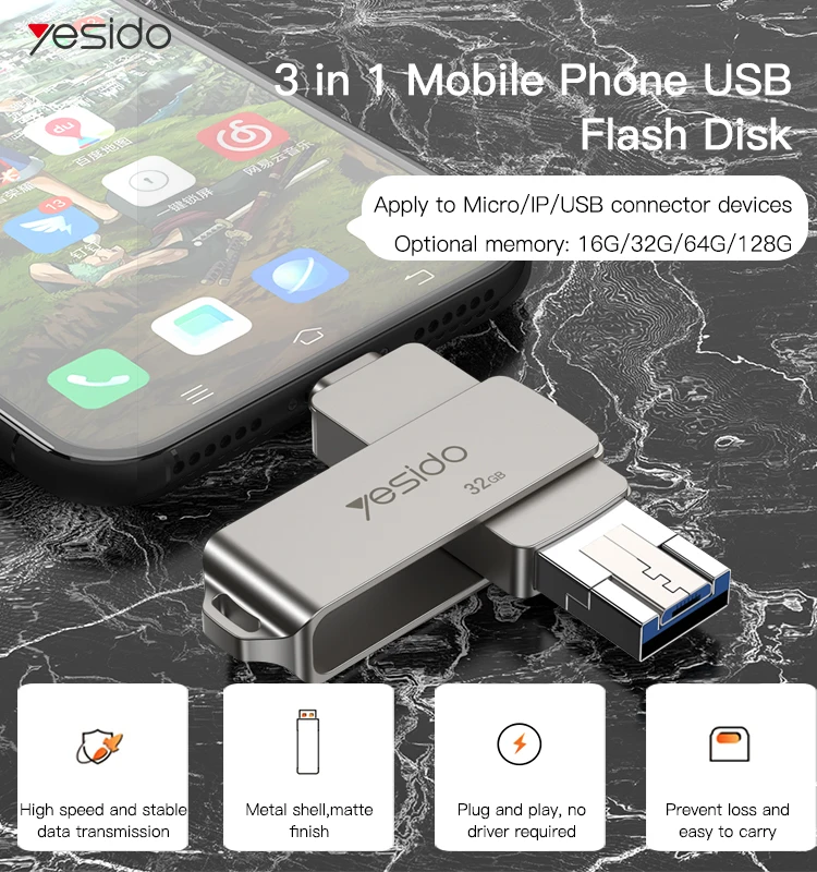 YESIDO New design 3 in 1 for IP for Micro OTG USB flash drive with 256G memory card disk