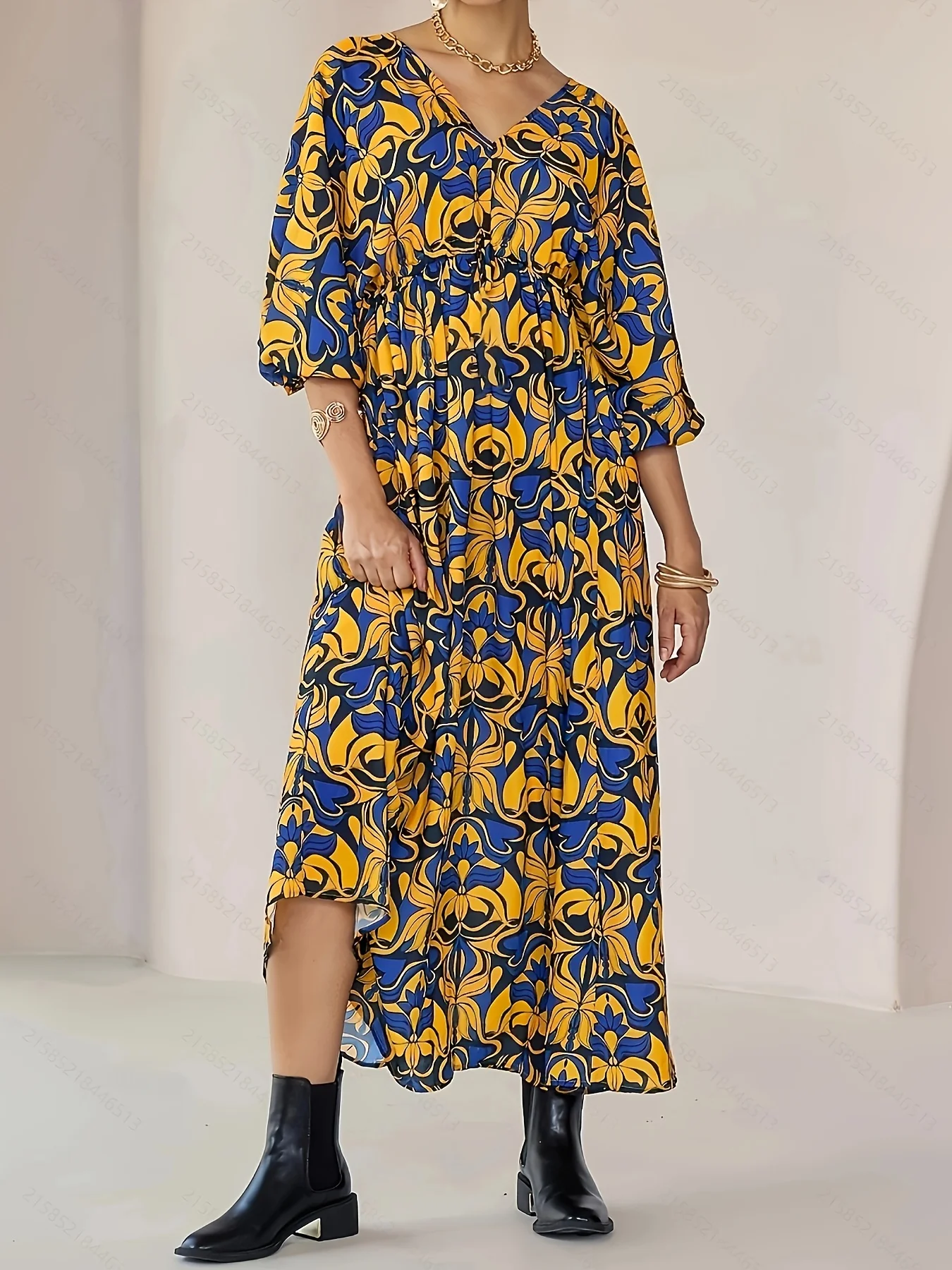 Damen Boho Abstraktes Blumenmuster Maxikleid V-Ausschnitt 3/4 Ärmel Tailliert Locker Lässig Strand Urlaub Fließendes Langes Kleid