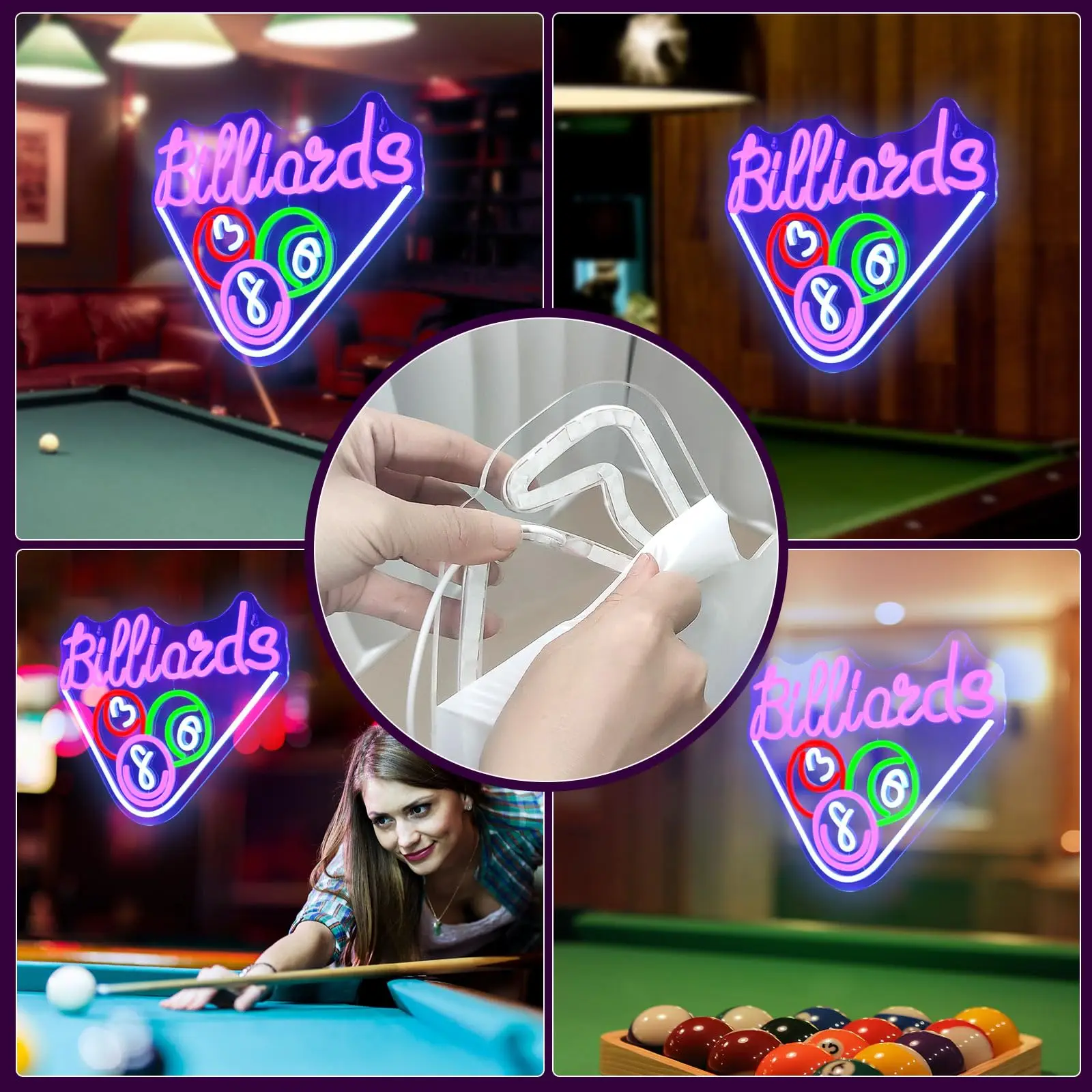 Billiards Neon Signs for Wall Decor Purple LED Light Sign for Preppy Room Decor Light Up Sign for Game Room Party Decoration USB