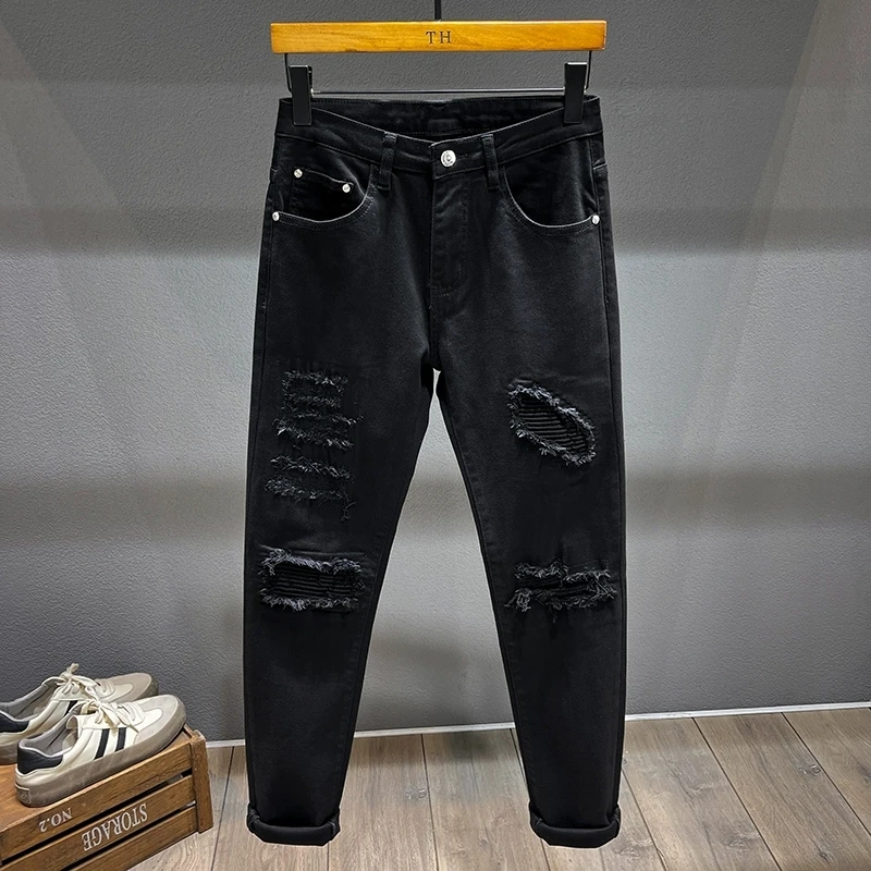 Y2k designer fashion new jeans scratch wash nostalgic stretch slim fit perforated patch white men's jeans retro pants hombre