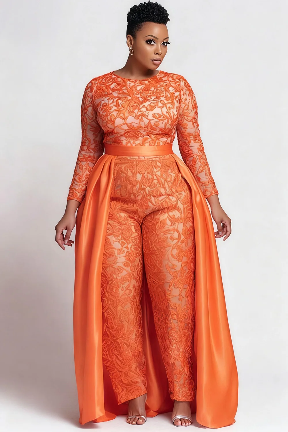 

Plus Size Formal Orange Round Neck Long Sleeve With Skirt Overlay Elegant See Through Lace Jumpsuits