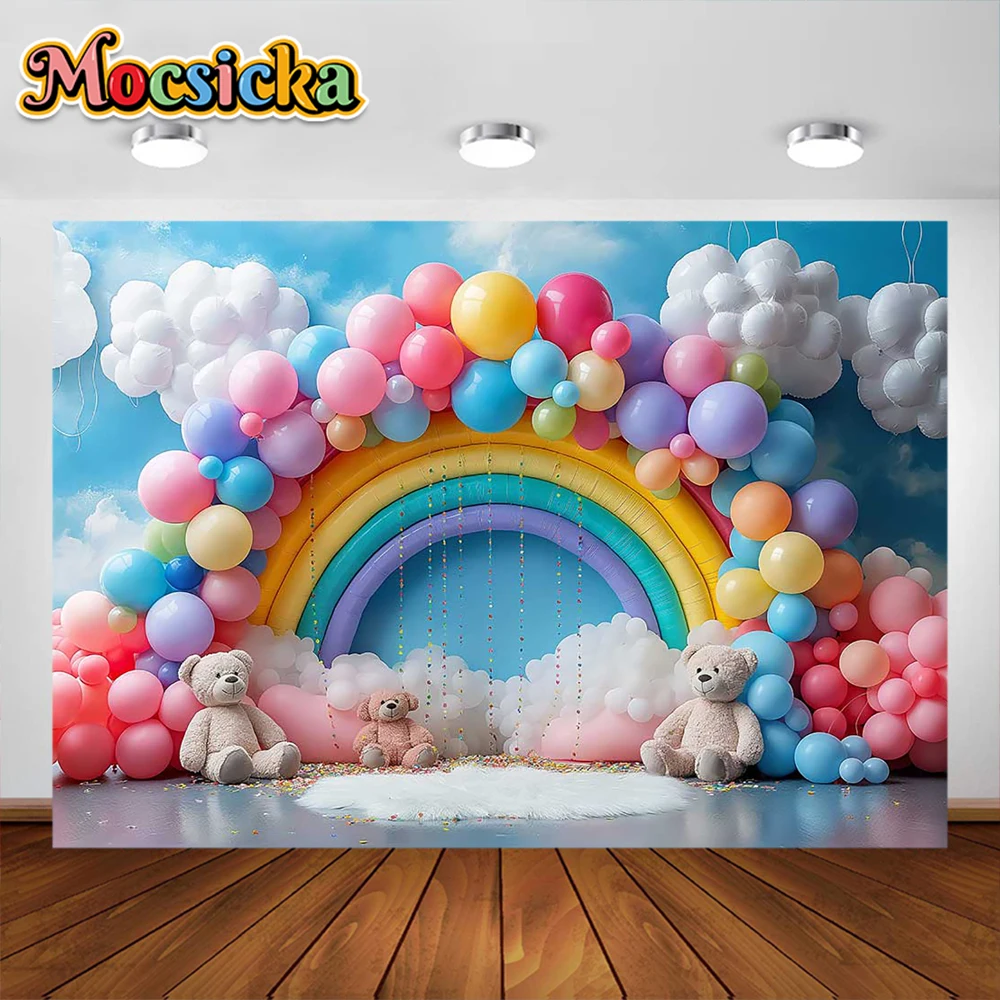 Фон для фотосъемки новорожденных на день рождения с радужными красочными воздушными шарами и аркой, украшение для детской семьи