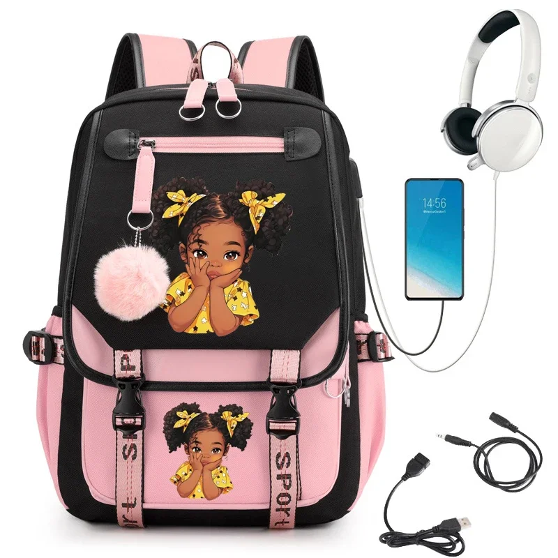 Multicolor Black Girl Print Girls Cute Cartoon School Bag for Student Teens Bookbag Laptop Teenager Backpack