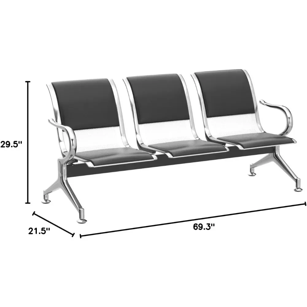 Waiting Room Bench with Armrests, 3-seater Guest Chair, Reception Chair Bench, PU Leather, for Airport, Office, Waiting Benchs