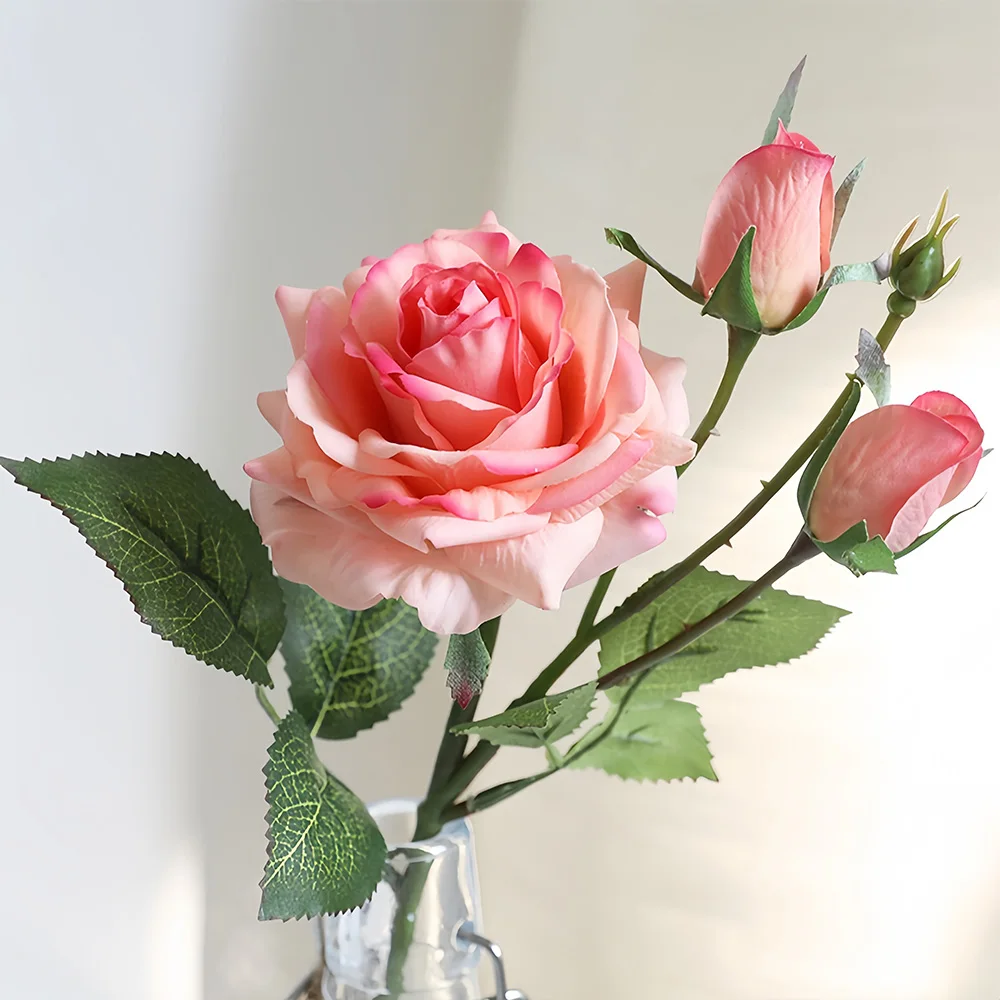 Real Touch Romantic Rose Artificial Flowers (1 Flower + 2 Buds) Moisturizing Texture for Home Decor Wedding Bridal Bouquet