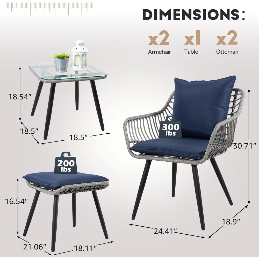 Conjunto de móveis para pátio externo de 5 peças, móveis de varanda de vime com otomanos, mesa de bistrô de vime e cadeiras, apoio para os pés