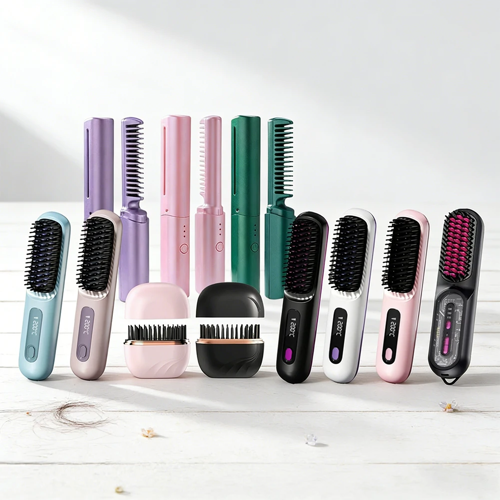تسخين سيراميك LCD كهربائي مع 3 مستويات للتحكم في درجة الحرارة، مشط شعر مستقيم، أداة تصفيف الأيونات السالبة المحمولة اللاسلكية