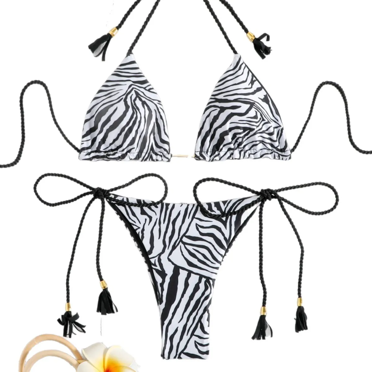 Women's Push Up Braided Two Piece Bikini Set Black White Stripe Pattern Quick Dry Fabric Comfortable Fit For Beach Vacation