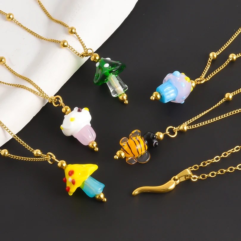 1Pc Lucky Chili Cornicello Italian Horn Y2K Glass Mushroom Egirl Collares Vintage Cute Animal Bee Pendant men Necklaces Jewelry