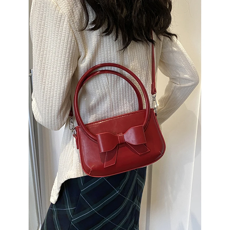 Fashion Bow Design Sense Handbag Casual All-match Red Shoulder Bag Women\'s New High Quality Color Contrast Commute Crossbody Bag