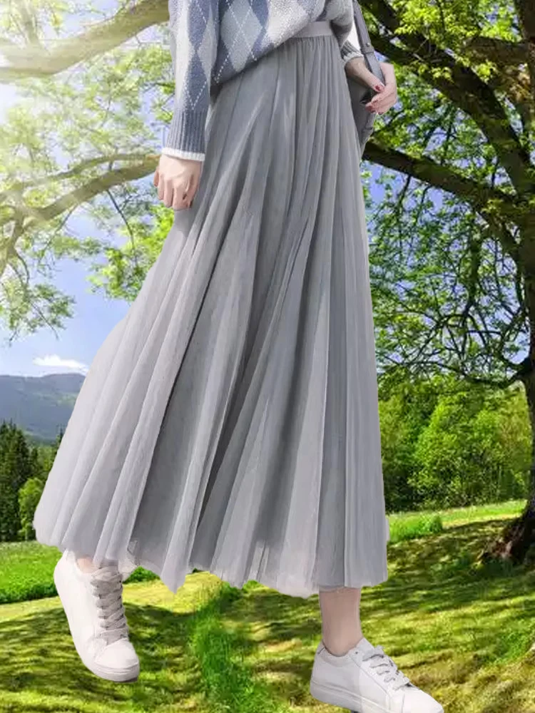

2025 Summer New 3 layers Midi Tulle Skirt Women Ladies Casual White Black High Waist Pleated Sun School Long Skirt Female