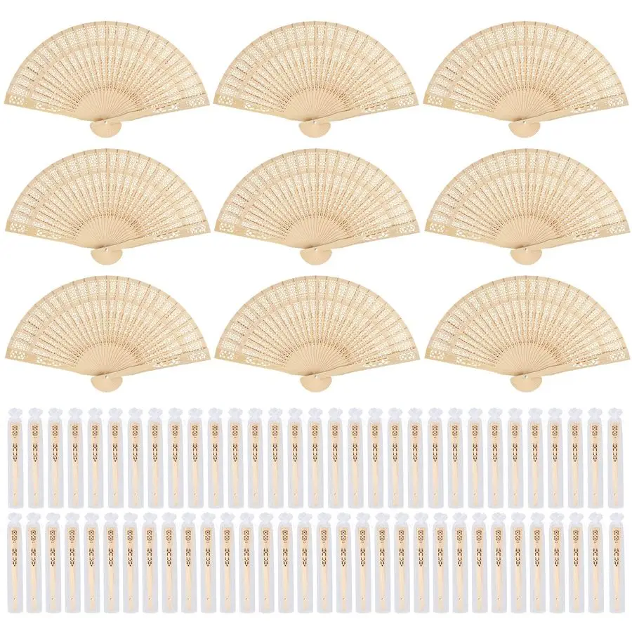

72 Pack Sandalwood Folding Fans Bulk, 7.9 Inches Wooden Handheld Fans with Organza Bags, Wedding Fans for Bridal Shower, Party F