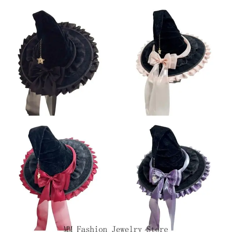 

D0UB Halloween Witch Hat Wizard Caps for Women Girls Wizard Cosplay Costume Accessories Bowknot Designs Pointed Hat Gifts