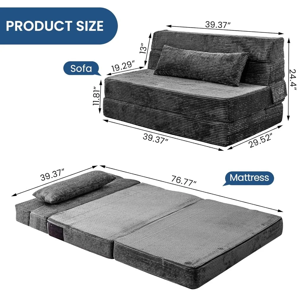 Canapé-lit convertible en mousse à mémoire de forme avec oreiller, canapé futon pliable pour un sommeil confortable