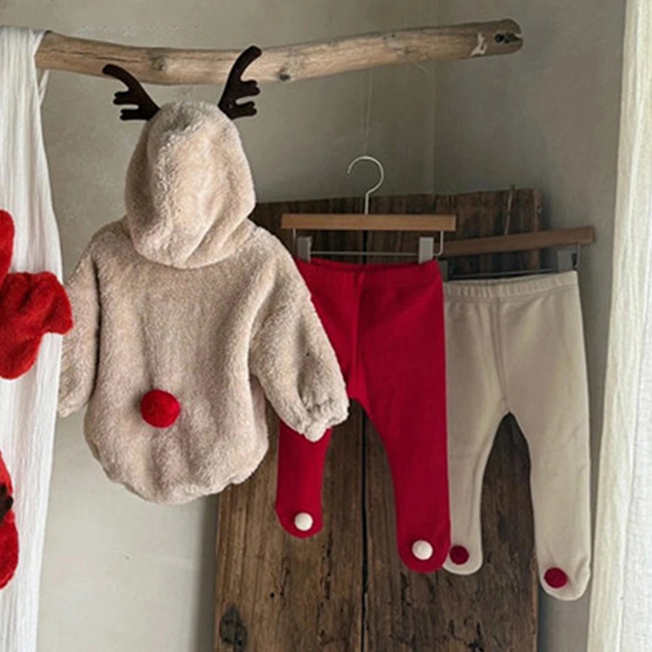 

Рождественский мягкий плюшевый теплый боди с капюшоном и оленями, штаны для маленьких девочек и мальчиков, зимняя милая верхняя одежда, детские рождественские праздничные комбинезоны