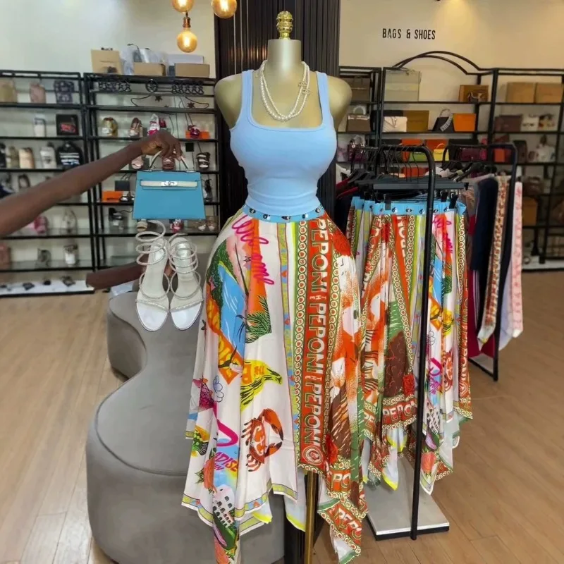 Print Skirt for Women High Waist A-Line Midi Skirt Summer New Design Fashion Sensation Slim Irregular Vacation Style Long Dress