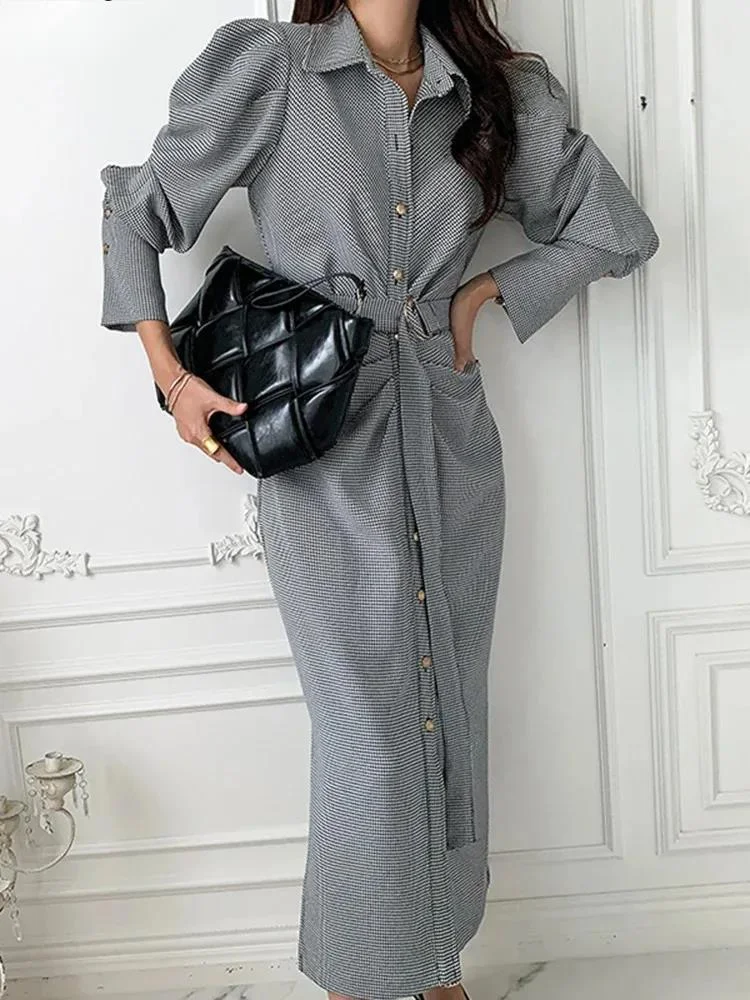 Elegant Women Dress Singl Breasted Pleated Waist With Belt Checked Design Dresses Vestido 2024 Autumn Winter New 098