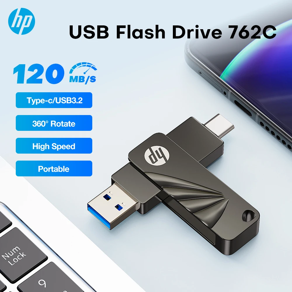Металлический флэш-накопитель HP 2 в 1, 32 ГБ, 64 ГБ, 128 ГБ, USB-накопитель для смартфона, ПК, ноутбука, компьютера, настольного планшета, Smart TV