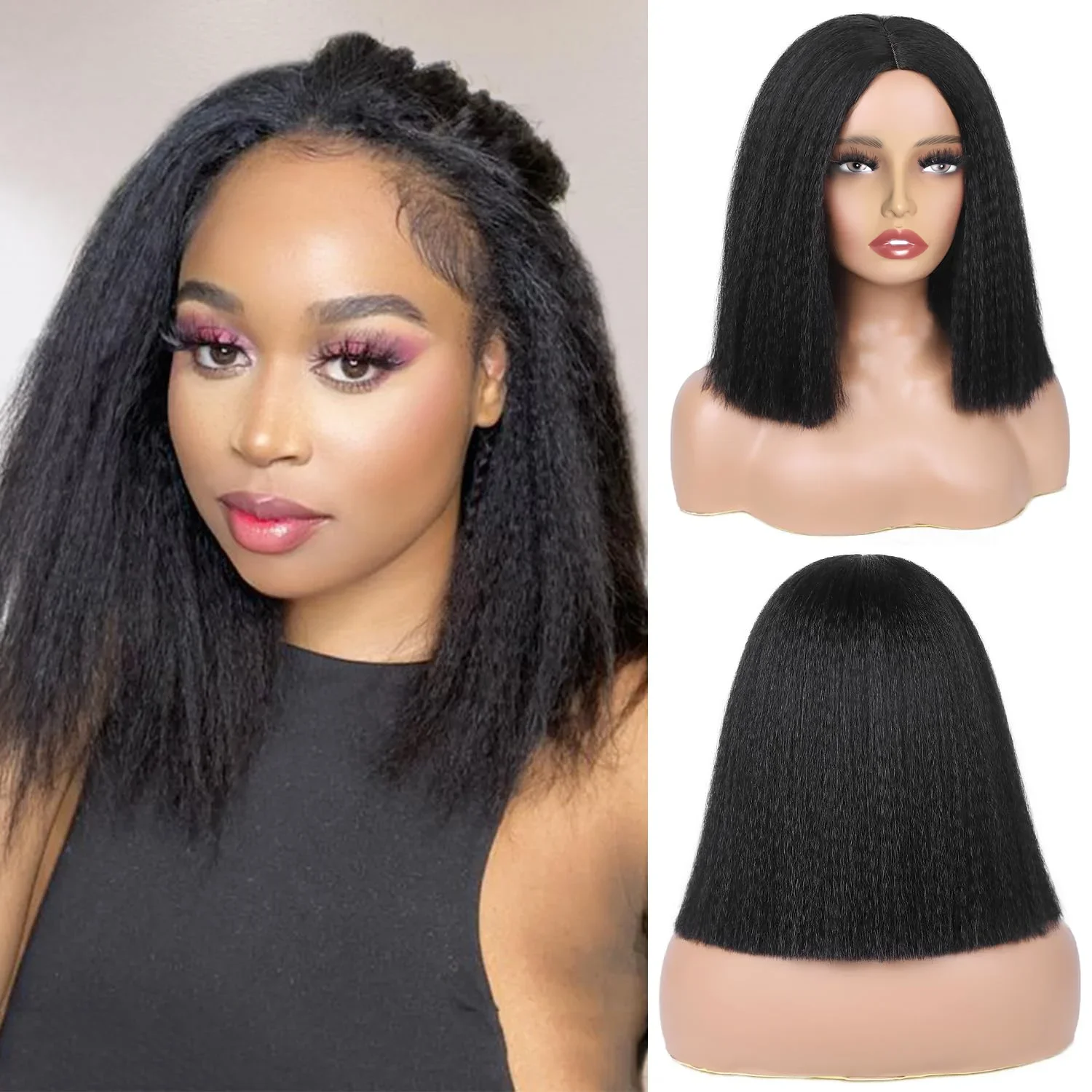 

14-дюймовый синтетический парик Yaki Straight: натуральный афро-кудрявый стиль, длинный, термостойкий, для костюмов, косплея, вечеринок и повседневной носки