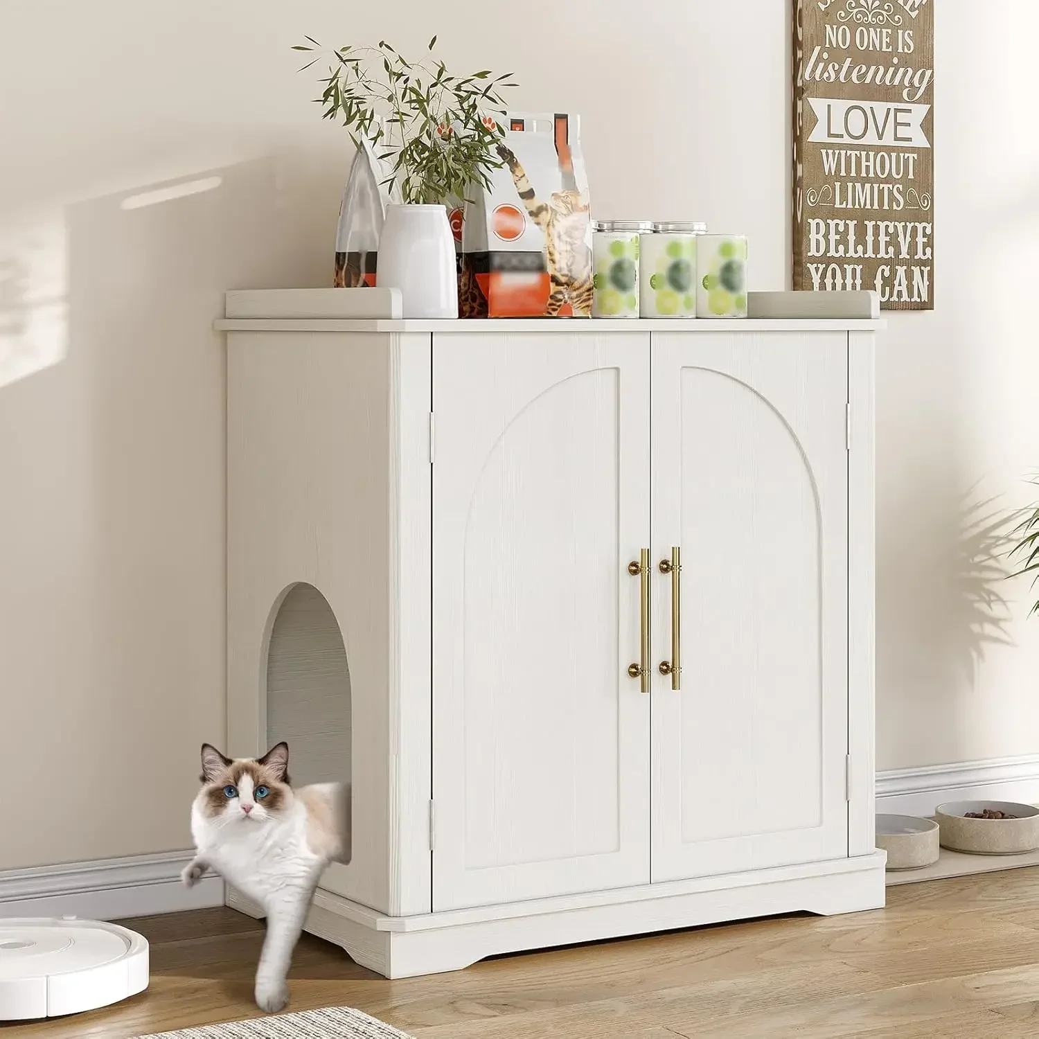 Cat Litter Box Enclosure Furniture, Hidden Litter Box Furniture with Removable Dividers, Reversible Entrance Can Be on Left or R