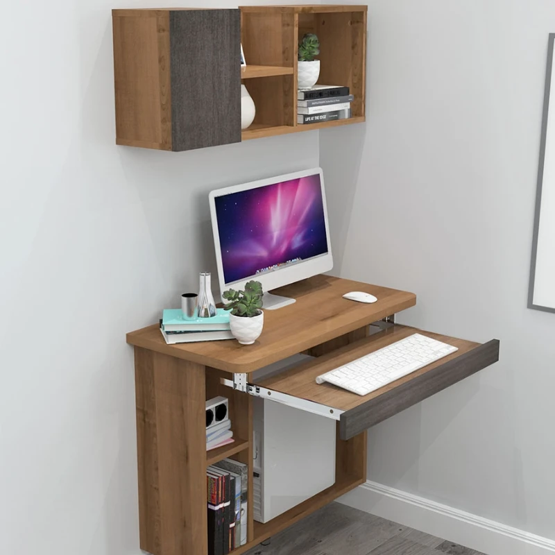 Desktop Computer Desk Home Bedroom Hanging Solid Wood Desk Simple Modern Hanging Small Apartment Bookshelf Combination