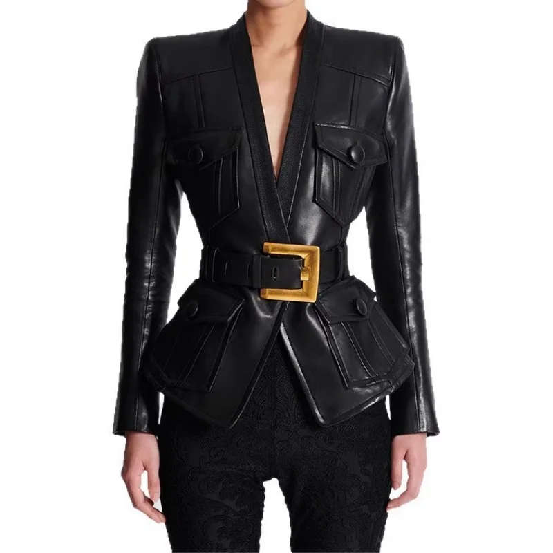 Veste d'automne en cuir PU pour femmes, col en v, taille haute, à lacets, y2k, haute qualité, à la mode, rétro, pour moto