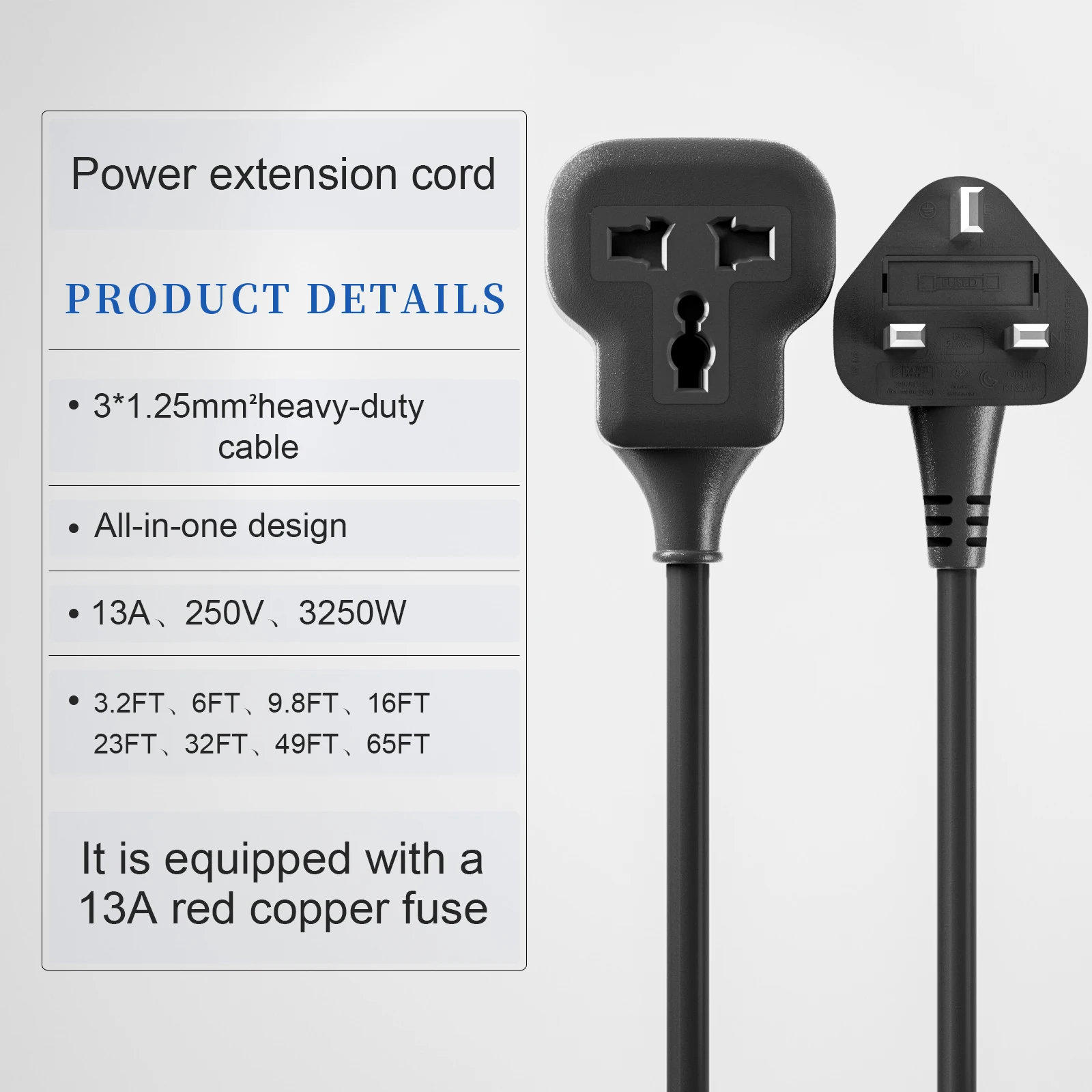 1pc UK Single Extension Lead 39/71/118/197/276/394/591/787 inch Cord Travel Power Cable 13 Amp Outdoor Plug Socket Black