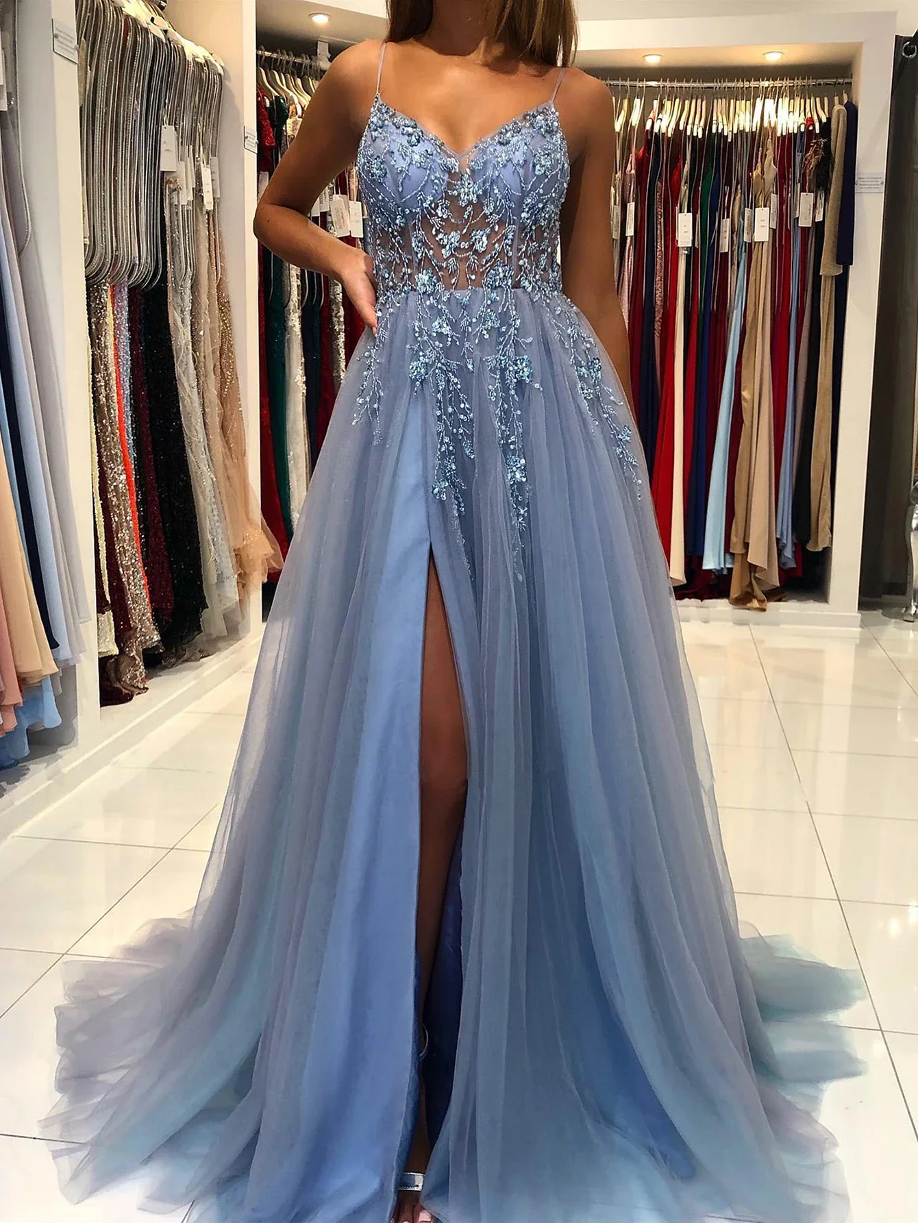 

Вечерние платья высокого качества, платье для выпускного вечера с v-образным вырезом, трапециевидным шлейфом, платья с высоким разрезом, сексуальные бретельки, иллюзия, блестки, аппликации