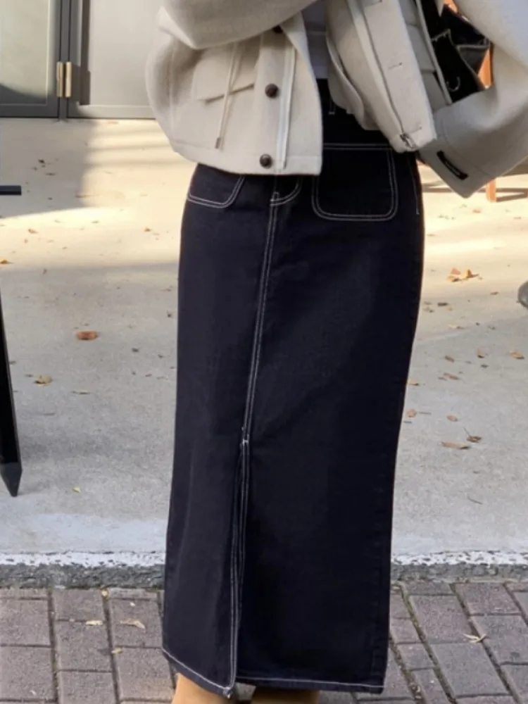 Retro Denim  Skirt Women's Korean Sle Faion Button Double ket Stitched Slit Mid-Length Skirt for Spring Autumn