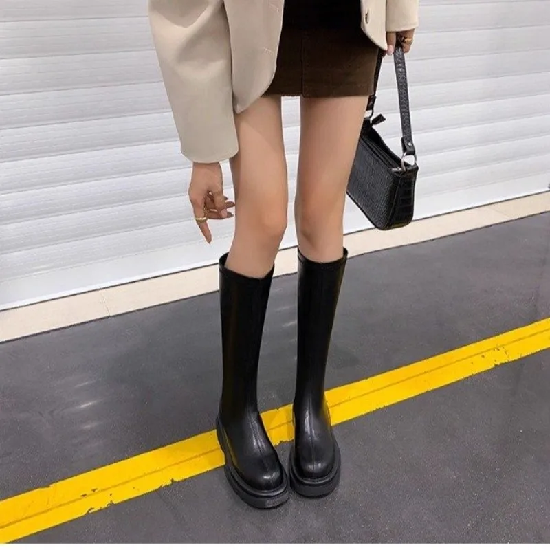 Herbst/Winter Neue Stiefeletten Damen Koreanischer Stil Leder Rundzehenstiefel Halbhohe Stiefel mit Dickem Absatz Hohe Kavallerie-Stiefel – Detail 2