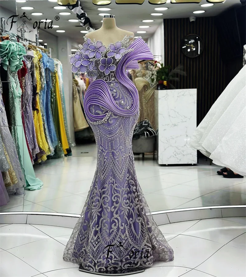 3D Flowers Ruffles Purple Formal Occasion Dress Luxury Silver Crystal Lace Mermai Evening Dresses 2024 vestido de noche elegante