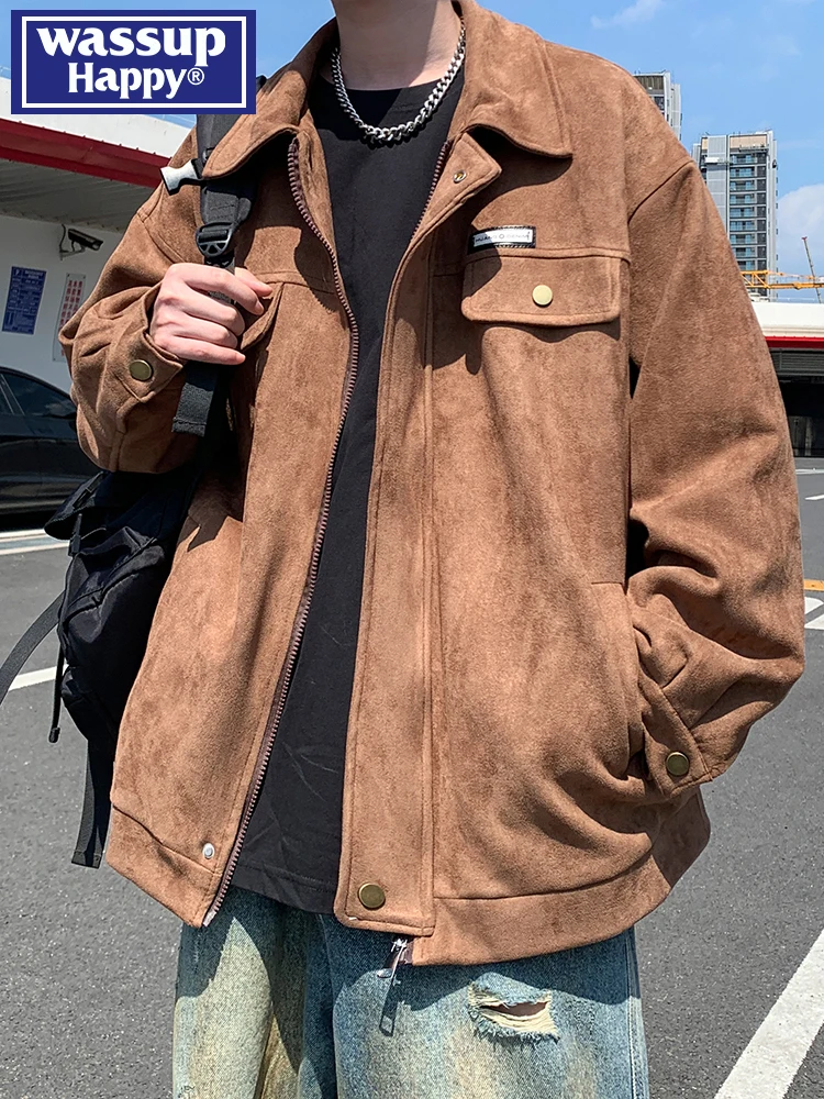 

Мужская замшевая куртка Wassup Happy, свободная повседневная рабочая одежда, осень-зима, модный винтажный свободный топ, повседневная верхняя одежда