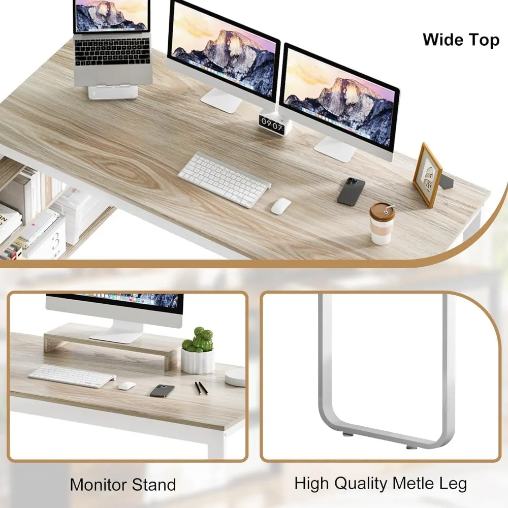 55 Inch Reversible L Shaped Computer Desk with 3 Drawers, Corner Desk with Storage Shelves and Removable Monitor Stand