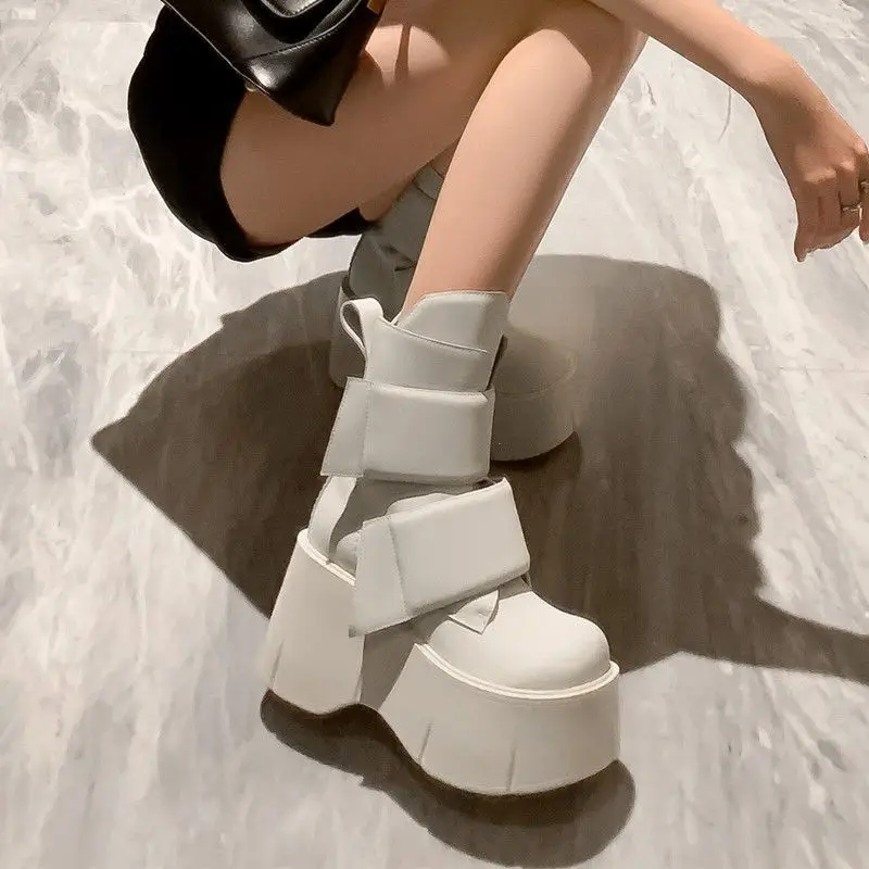 Women's White Platform Ankle Boots Fashion High Heel 8cm Short Boots for Girls Design Big Head Hook&Loop Trend Female Shoes view 3