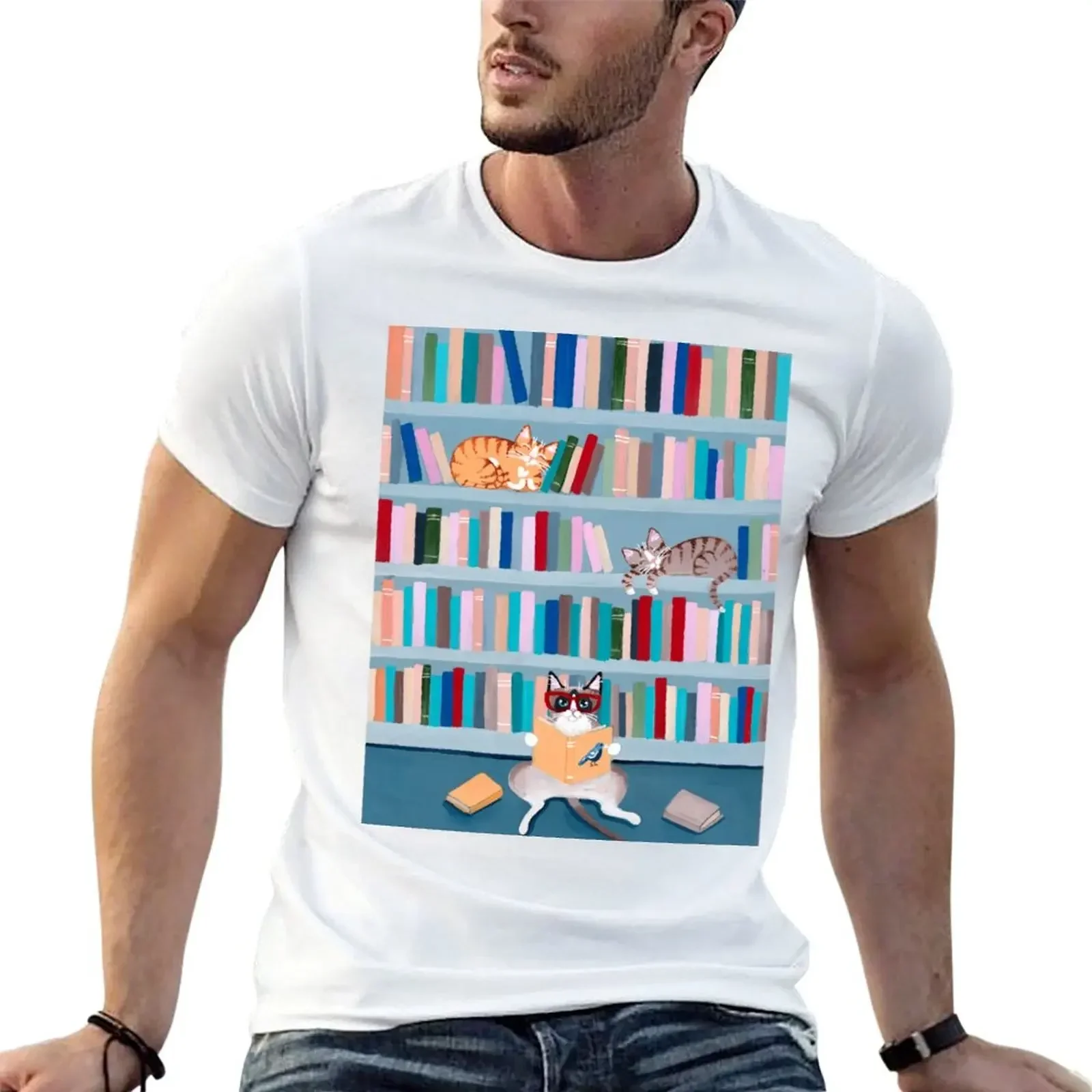 

Cats in the Library T-Shirt sublime summer top rapper graphic tees men t shirt