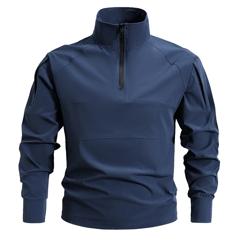 Men Tactical T-shirts Men Quick Dry 1/4 Zip Long Sleeve Shirts Outdoor Zipper Pockets Combat Training Hiking Long Sleeve T-shirt