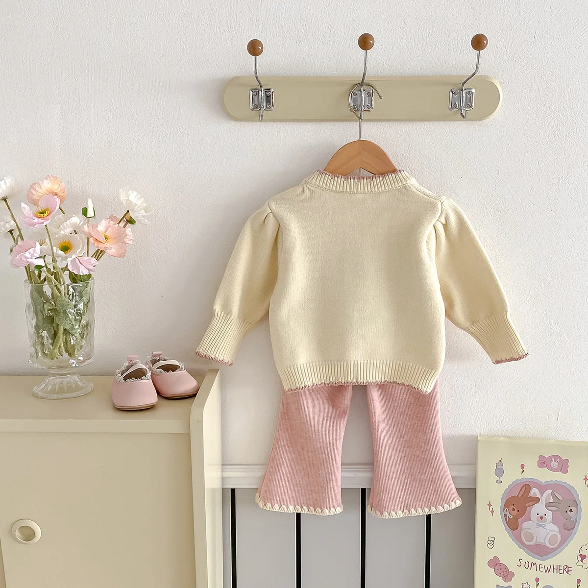 Autumn Winter 2024 Baby Girls 2PCS Knitwears Set Cotton Knitted Rabbit Sweaters Stretch Pants Suit Toddler Girls Outfits