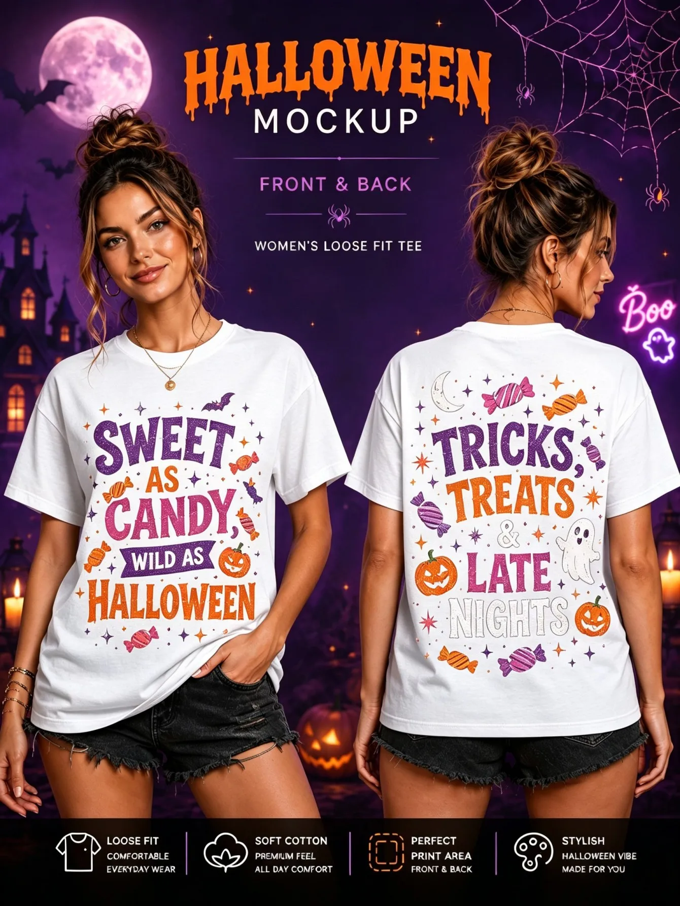 Women's Halloween Ghost Love Moon Bat Spider Web Pumpkin Printed Loose Short Sleeved T-shirt with Front and Rear Pattern Design