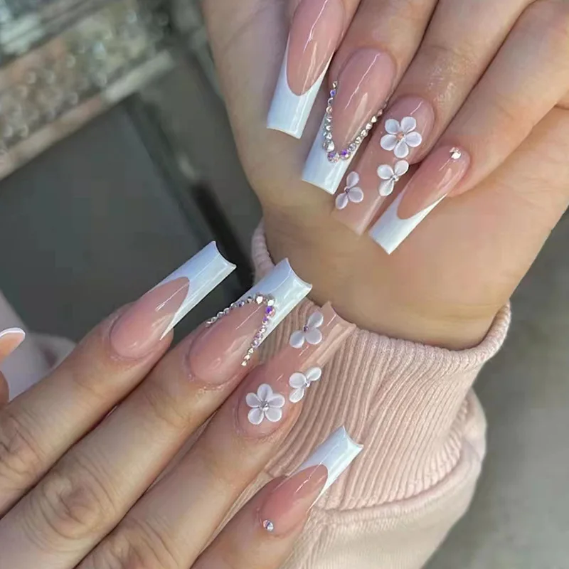 24Pcs Flower Press on Nails Long Square Design White French with Diamond Fake Nails Glitter Finished Coffin Ballet False Nail