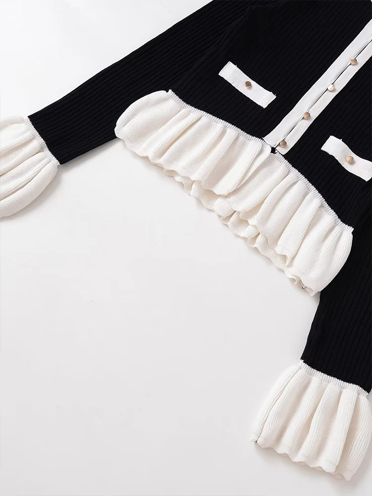 Giacca patchwork lavorata a maglia girocollo in colore a contrasto con temperamento tutto-fiammifero alla moda da donna in stile europeo