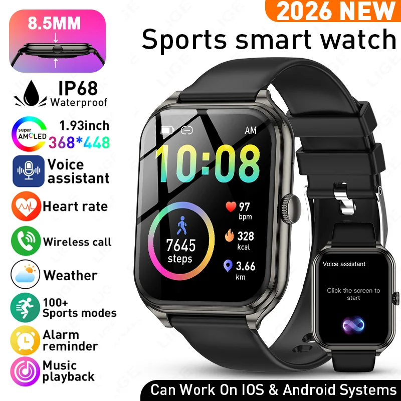 

LIGE Voice Calling Smart Watch Ultra Thin 1.93" AMOLED Large Display Fitness Tracking IP68 Waterproof Smartwatch For Men Ladies