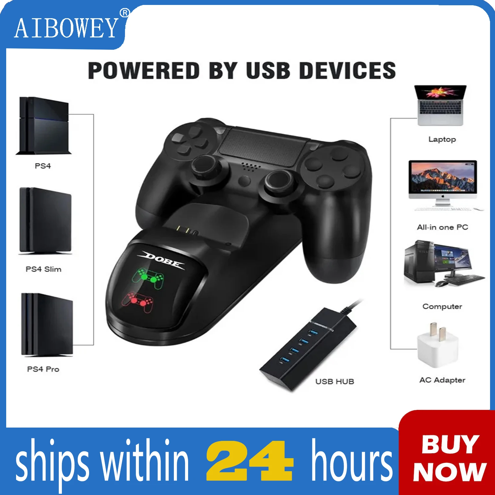 AIBOWEY PS4 Charging Station Controller Charger For Wireless PS4 USB Dual Dock Station For Playstation 4 Slim / PS4 Pro