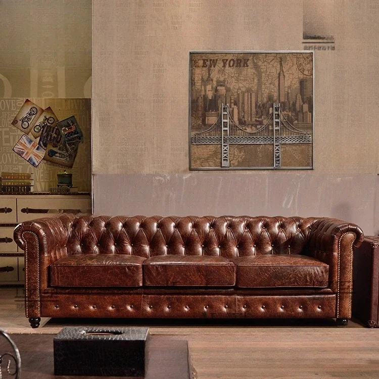 

American style, first floor, leather, sofa, industrial style, personality, furniture, living room, hotel, clubhouse