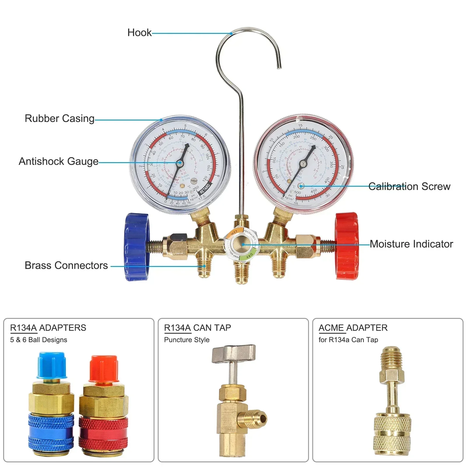 

Manifold With For Hook For Conditioning R134a Pressure Diagnostic Freon Way And Set Gauge Hose 3 Air Gauge