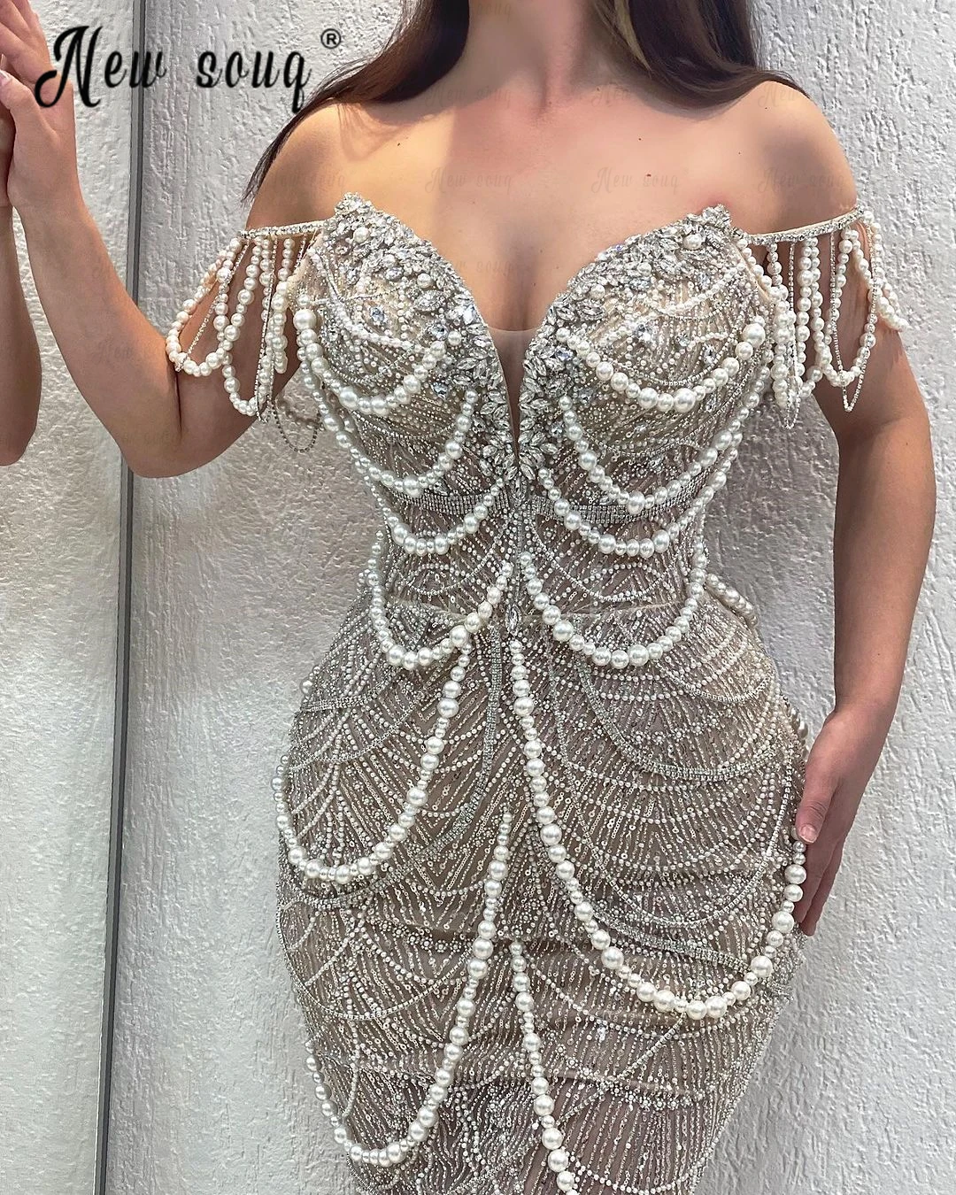 Vestido de fiesta largo con perlas para mujer, traje elegante con cristales y hombros descubiertos, hecho a mano, Formal, para baile de graduación, hecho a medida