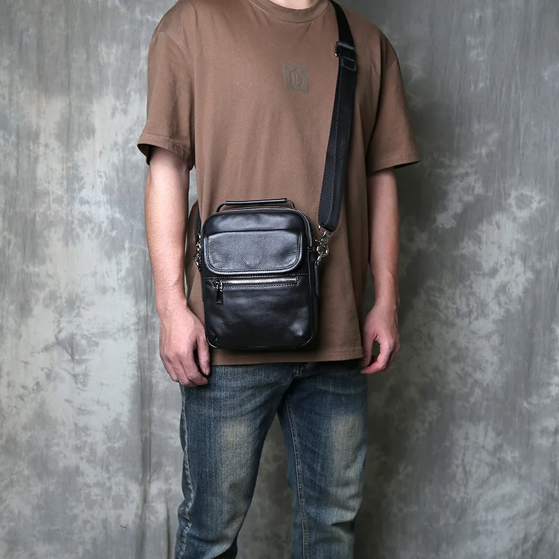 Mens Premium Top Grain Cowhide Crossbody Bag Multi-Pocket Slim Phone Holder Shoulder Bag Anti-Theft Business