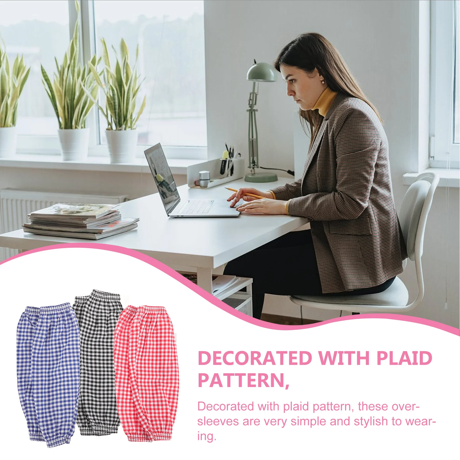 3 Pairs Stain Resistant Check Sleeves Elastic Arm Working Oversleeves Outdoor Plaid Pattern Dish Washing Cotton Linen