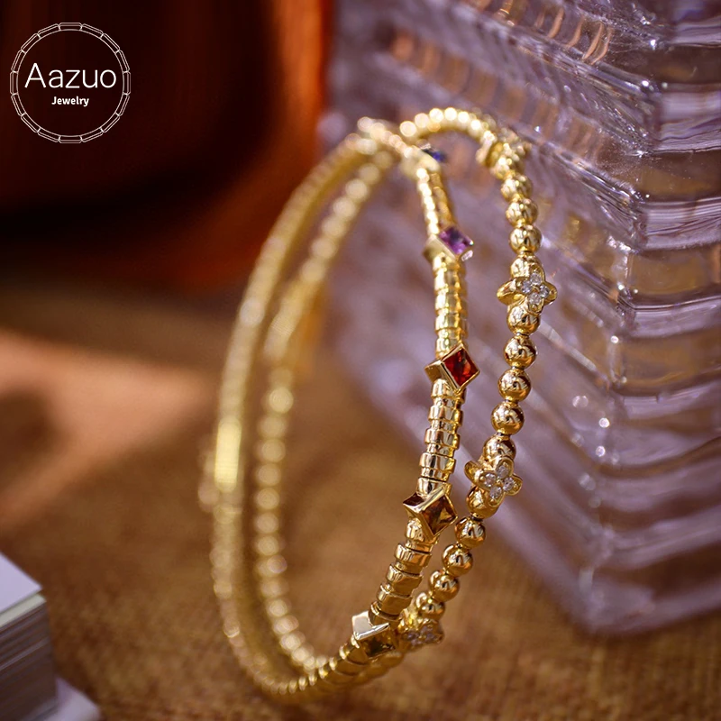 Aazuo Highquality18K Yellow Gold Natrual Sapphires Real Diamonds Giftideas Bangle For Lady Upscale Trendy Engagement Party